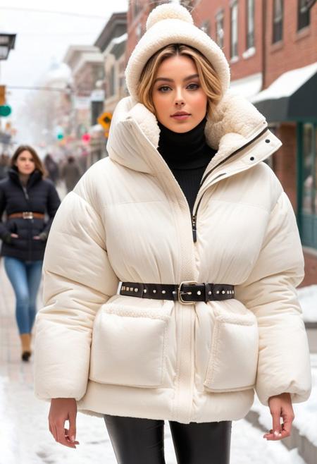 (white Oversized sherpa down coat, white Oversized sherpa puffer coat, white Oversized sherpa winter clothes, very very cold, in cold:1.5), semi-realistic, (full length portrait:1.5), (puffer hood:1.5), (fur boots:1.5), (tight pants:1.5), (belt:1.5), sharp eyelid, eyeliner, eyelashes, beautiful detailed eyes, tsurime, short hair, blonde hair, wet hair, (wet:1.5), blue eyes, messy hair, sidelocks, perfect anatomy, (walking:1.5), (town:1.5), (street, daytime, snow, winter, cold winter, snowing:1.5), detailed background, highres, best quality, olive skin, android 18, mother, milf, solo, perfect eyes, perfect face, masterpiece, best quality, finely detailed beautiful eyes and detailed face, ultra-detailed, anextremely delicate and beautiful, intricate details, lovely lips, delicate facial features, blush, 8k_resolution, smile, hair tucking,