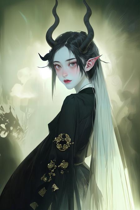 (masterpiece, best quality), anime, anime style, illustration,  , of a female, dressed as a Time Manipulator, with black hair, with a female , wearing a horns, portrait, stood, concept art, cinematic, volumetric lighting, highly detailed, 8k <lora:OIL:0.9>