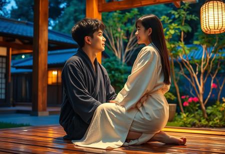 On a summer night, a young Japanese husband with short black hair had just finished taking a shower. He walked out of the Japanese house in a dark blue bathrobe and came to the Japanese garden. He sat on the wooden floor with his back against the wooden beam to enjoy the cool air.
His young Japanese wife with long straight black hair also finished her shower. She came to her husband in a white bathrobe, leaned her back against his chest and sat on his lap as if he were a chair.
The husband speaks love words in his wife's ear, and she smiles as she listens. The atmosphere is romantic, beautiful, and full of Japanese style.
FHD, Rich in details, masterpiece.