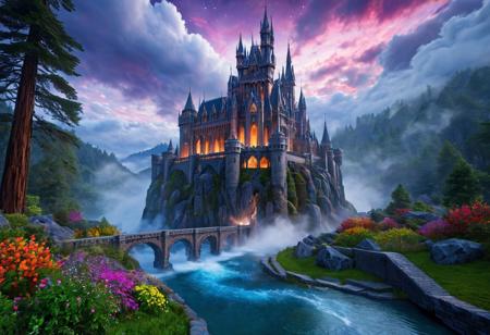 (masterpiece:1.5), (score_9, auto1111), extreme quality, reflections, surface reflections, ((no humans, no people)), precise, precision, striking visuals, sharp focus, detailed background, light reflections, architecture of boundless opportunities, (an enormous Fractal Castle), at the rim of a enormous redwood forest, enormous mountains in the background, enormous redwood trees, (a steaming stream and waterfall), realistic, photorealistic, night sky, clouds, steaming water, multicolored flowers, detailed enormous Fractal Castle, polished glass, polished White Stone, fluffy clouds, mist, fog, detailed landscape, flowing water, detailed titanium bridges, starry sky, night, landscape of boundless opportunities, extreme fantasy, dynamic shaders, vibrant colors, water fog, ground fog, Fractal architecture, (close-up view of Castle), boulders of different sizes, (inspired by dungeons & dragons),