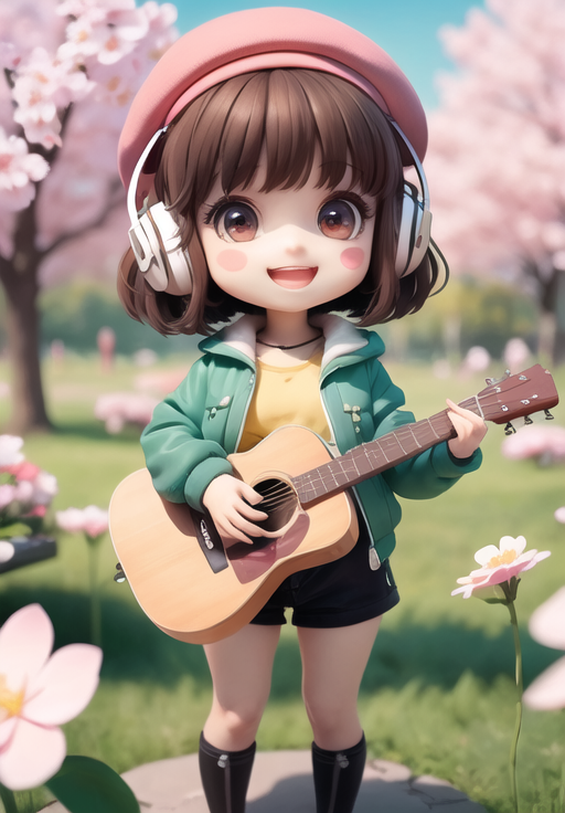 (masterpiece),(best quality),(ultra-detailed), (full body:1.2), 1girl,chibi,cute, smile, open mouth, flower, outdoors, Pia...