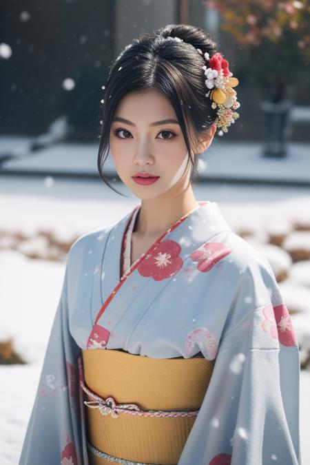 ultra-detailed,highly detailed,best quality,masterpiece,illustration,realistic,
1girl,  solo, upper body, 
kimono,japanese clothes,obi, sash, floral print, traditional media, obijime, 
hair ornament, hair flower, single hair bun, short hair, hair up,eyelashes, 
snow,snowing, flower, winter, 
painting \(medium\),
 <lora:kimono_v1_01:1.0>