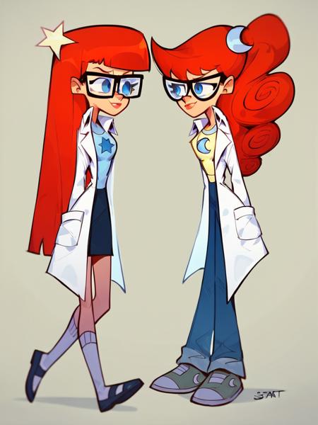 jt, labcoat, glasses, red hair, long hair, susan test, 1girl, blue eyes, star (symbol), skirt, solo jt, labcoat, glasses, red hair, long hair, 1girl, mary test, blue eyes, crescent, ponytail, solo,  jt, labcoat, glasses, red hair, long hair, susan test, 2girls, blue eyes, mary test,