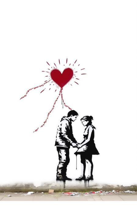 <lora:Banksy Style:1>Banksy Style - banksy style on white banground men and woman breaking up great love q 5