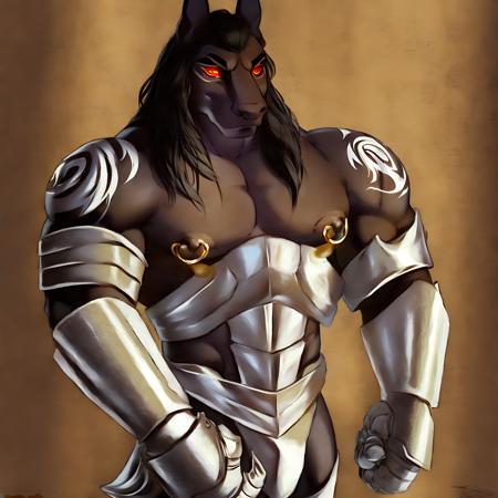 realistic, photo realism, solo, handsome, muscular, anthropomorphic, bara, darknut (anubis)+,  dark grey skin, white swirly tatoos on arm, white swirly tatoos on legs, red glowing eyes,  pectoral muscles, male nipple, golden nipple ring, silver leg armor, silver gauntlet armor, short black hair, black arm hair, hairy chest hair, defined abs, semi bear gut, laying, nude, bulge in underwear, night time, calm moon lighting, fantasy forest scene, dreamy  starry sky, blue moon