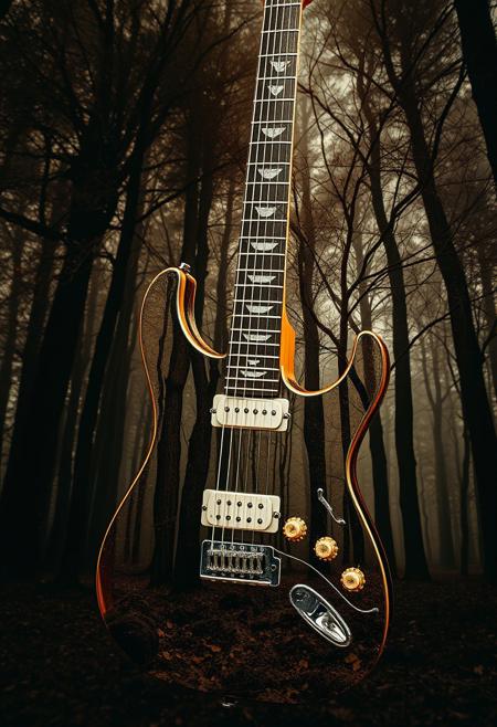 Natural earth tones, eerie, creepy atmosphere. Double exposure of a glass electric guitar and a deep-colored magical forest. Hyperdetailed, hyperrealistic, no background. High resolution, dark tones, browns, beiges, muted colors. Mythical, majestic, elemental theme.