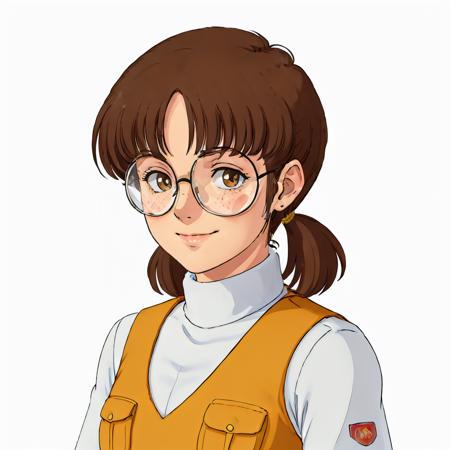 masterpiece,high quality,(white background:1.5),
<lora:millychilder001:0.5>,solo,smile,looking at viewer,
milly_childer,1woman,
short hair,short twintails,low twintails,brown hair,parted bangs,brown eyes,glasses,round eyewear,freckles,
uniform,white shirt,turtleneck,yellow vest,pocket,arms at sides,long sleeves,sleeves rolled up,
close up,