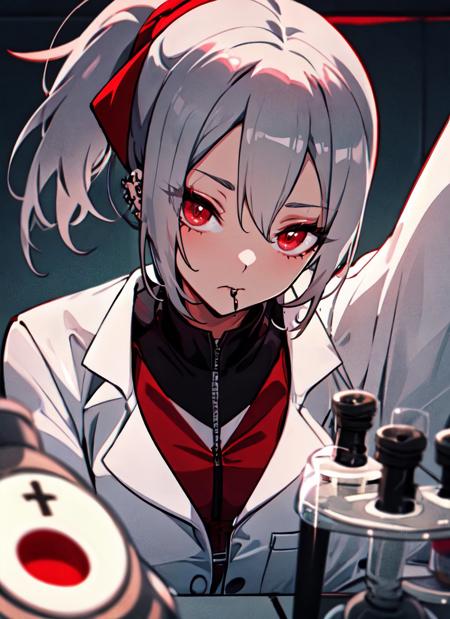 masterpiece, best quality, 1girl, fefe, short grey hair, red eyes, side ponytail, piercing, 
laboratory, labcoat, 
<lora:fefe-000008:0.85>