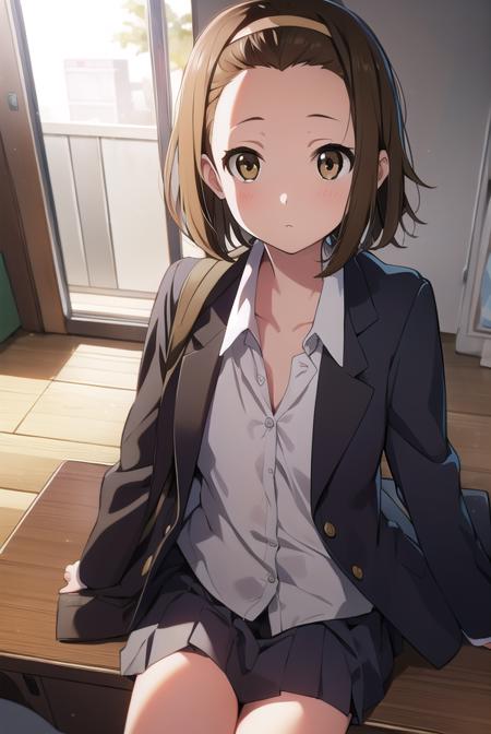 ritsutainaka, <lora:ritsutainakatest:1>, ritsu tainaka, (brown eyes:1.7), light brown hair, (forehead:1.5), hairband, short hair, (flat chest:1.2), BREAK sakuragaoka high school uniform, school uniform, BREAK looking at viewer, BREAK indoors, classroom, BREAK <lora:GoodHands-vanilla:1>, (masterpiece:1.2), best quality, high resolution, unity 8k wallpaper, (illustration:0.8), (beautiful detailed eyes:1.6), extremely detailed face, perfect lighting, extremely detailed CG, (perfect hands, perfect anatomy),