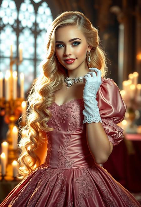 fcDetailPortrait, an extremely highly detailed photorealistic masterpiece of a beautiful 18 year old female, (blonde hair styled in long shimmering waves), she is dressed up wearing (an intricately detailed princess silken ball gown, with high quality lace embroidery, puffy sleeves, petticoat and white lace gloves:1.5), she has on sparking heels, diamond jewellery, diamond necklace, (expensive professional grade makeup), she is posing for a professional photographer at a (highly detailed castle ball:0.9), (sophisticated soft candlelight everywhere:1.2),(happy, sweet and sultry expression)