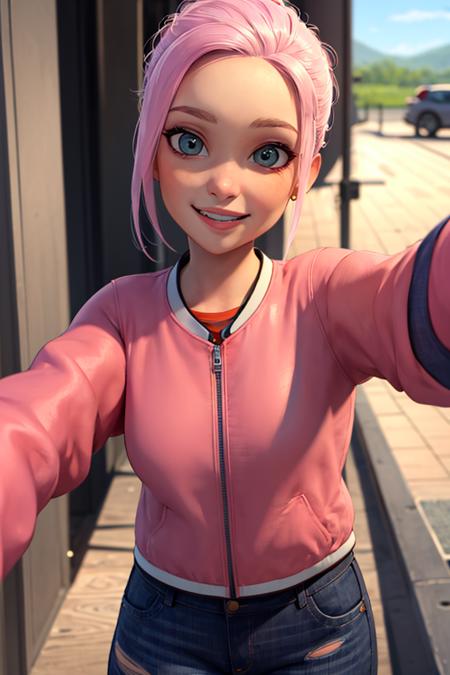 ((masterpiece,best quality)), absurdres,
<lora:Brooklynn_Jurassic_Park:0.6>, Brooklynn_Jurassic_Park,  pink jacket, torn jeans, 
solo, smiling, looking at viewer, upper body, selfie,