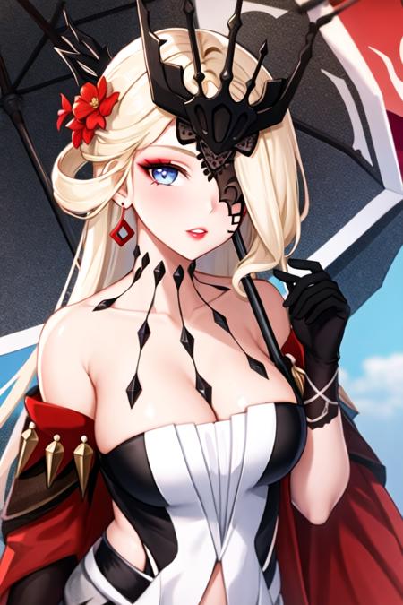 1girl, black gloves, black mask, blonde hair, blue eyes, earrings, eyelashes, flower, gloves, hair flower, hair ornament, headpiece, holding, holding umbrella, jewelry, lipstick, long hair, looking at viewer, makeup, mask, one eye covered, parted lips, red flower, red lips, solo, umbrella,(shiny skin),signora \(genshin impact\),(masterpiece:1.4),(best quality:1.4)