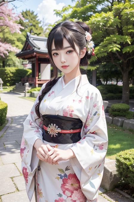 japanese woman in japanese castle park, cute kimono outfit, masterpiece, best quality, official art, unity 8k wallpaper, ultra detailed, beautiful and aesthetic, beautiful, 1woman, kawaii_asian:0.2,  <lora:realistic_kimono_clothes:0.5>