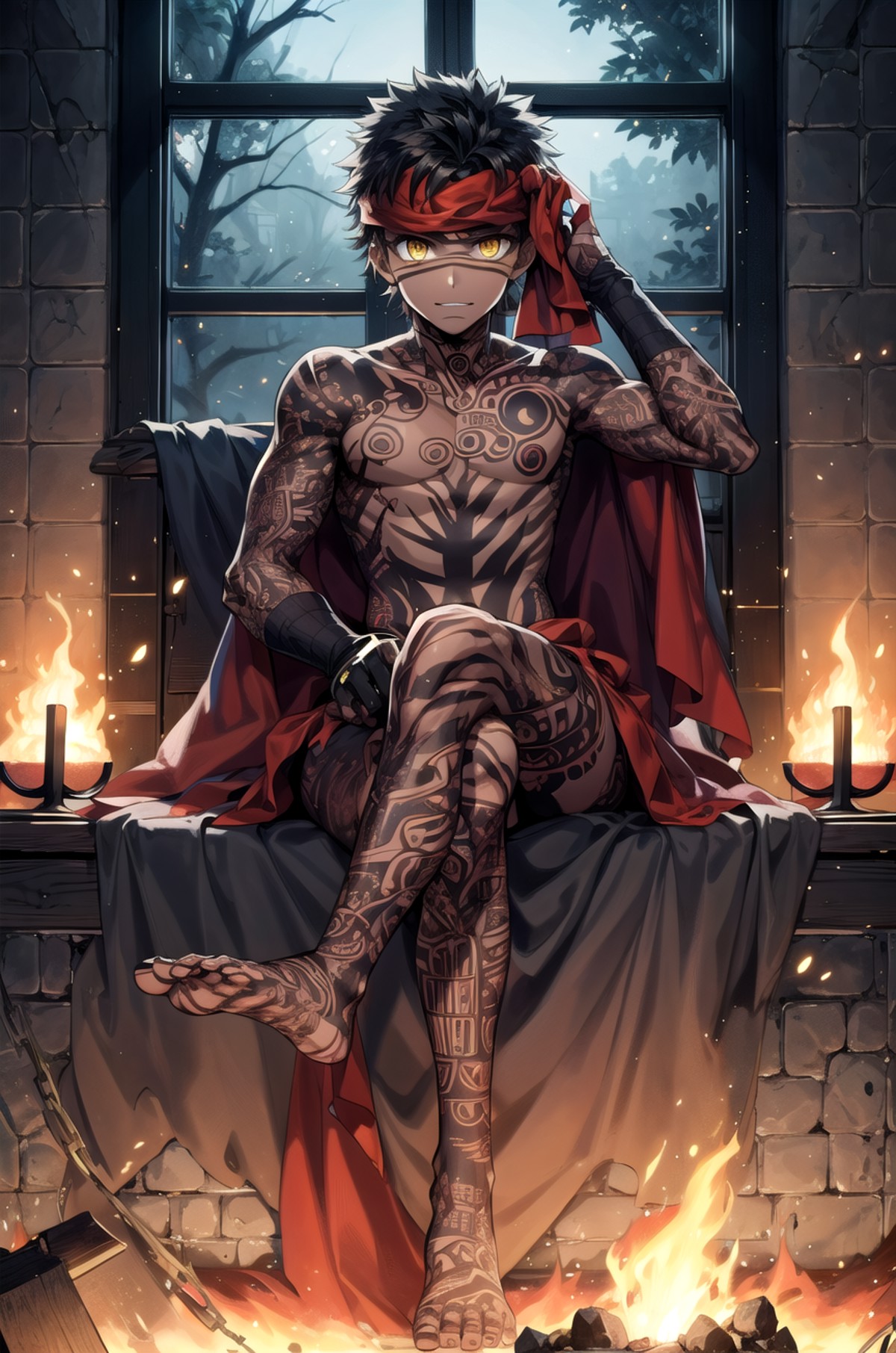 masterpiece,best quality, 1boy, solo, male focus, indoors, fire, sitting, crossed legs, looking at viewer,
angra mainyu, b...