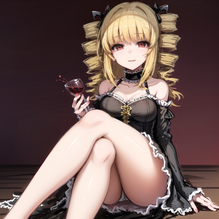 elisabeth a drawing of an anime character dressed in black sitting on a floor, 1girl, solo, blonde hair, crossed legs, drill hair, red eyes, wine, dress, sitting, smille, a beautiful blonde woman dressed in black holding umbrella in her hand, 1girl, blonde hair, dress, bat (animal), red eyes, umbrella, vampire, solo, gloves, drill hair, long hair, black dress, black umbrella, outdoors, city background,