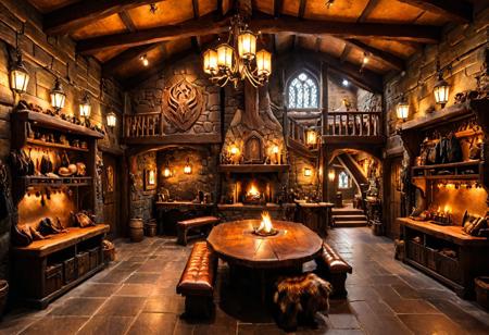 score_9, score_8_up, score_7_up, score_6_up, score_5_up, score_4_up, scenery, photorealistic, fantasy, highly detailed, 
BREAK;
(masterpiece:1.2), (best quality,:1.2), 8k, HDR, ultra detailed, ((photorealistic)), stunning, atmospheric effects, professional light, cinematic lighting, fashion photography, ambient lighting, atmospheric effects;
A highly detailed isometric map of a medieval fantasy leather shop called 'Ironhide Leathers', featuring a large wooden main hall with sturdy oak tables and benches, a stone fireplace with a fire, and a wooden counter with animal pelts, leathers and hides bundles on shelves. Few lanterns hang from chains, casting a soft amber light that dances across the walls lined with stretched hides, rolls of supple leather, and shelves displaying a range of leather armor, gloves, belts, and satchels. The interior has a raw, handcrafted feel, with benches covered in hides and animal pelts, and displays showcasing various leatherworking tools. Smoothed-out tree stumps serve as workstations. Animal motifs on the walls, and a hanging chandelier. Add a few scattered adventurer belongings: backpacks, swords leaning on chairs, and a map unrolled on one table. To the side, place a staircase leading upstairs. Include wooden beams and lanterns for a warm, cozy glow. All elements should be highly detailed and visible. The background should be transparent with clear, crisp edges for easy integration. No modern elements, strictly medieval fantasy aesthetic.