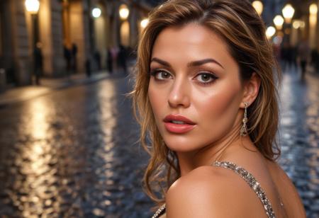 Telephoto lens, butterfly lighting, Closeup,  photograph of an exotic young woman, Stunning evening Dress looking over shoulder at viewer,  desperate look, sweaty face, lips parted, eyes pleading , empty paris street, Dynamic lighting,  wet road, puddles, cobblestone, incredibly young looking, innocent looking, petite, detailed background, <lora:add-detail-xl:1> by suze randall