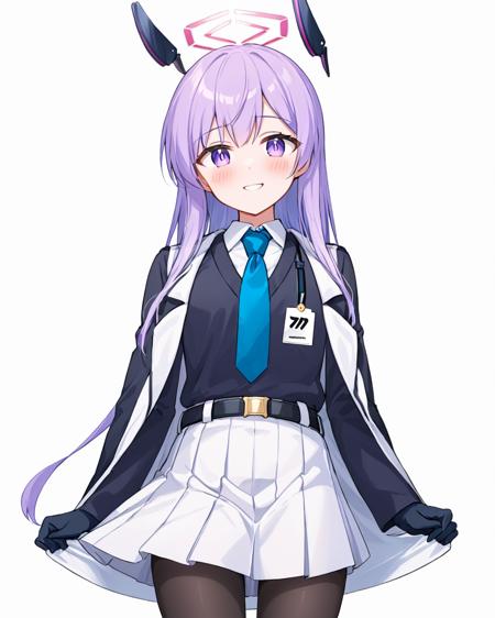 utaha \(blue archive\),1girl, solo, skirt_lift, lifted_by_self, halo, looking_at_viewer, white_skirt, blue_necktie, pleated_skirt, smile, black_gloves, blush, id_card, white_jacket, white_shirt, belt, collared_shirt, simple_background, white_background, black_pantyhose, closed_mouth, long_sleeves, black_jacket
<lora:utaha_(blue_archive)_image162_2023-12-01-000050:1>halo. gorgeous,key visual, vibrant, studio anime,award-winning, professional, highly detailed,high budget, cinemascope