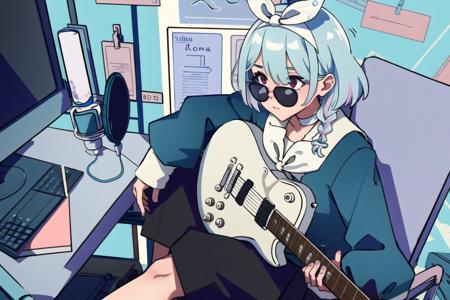 <lora:Overdose:0.8>, overdose, 1girl, solo, short hair, red eyes, gloves, sitting, white hair, headphones, sunglasses, instrument, guitar, tinted eyewear, headphones around neck, arona, 1girl, white hairband, bow hairband, halo, short hair, single braid, school uniform, blue shirt, white sailor collar, long sleeves, white bowtie, white choker <lora:aronaBlueArchive_v1:0.8>