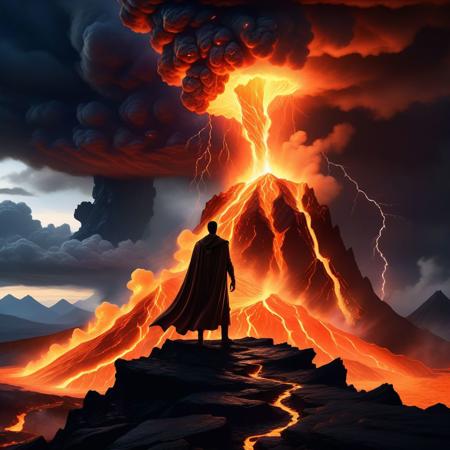 Ultra realistic color pencil image of
a lone silhouette of a man in a long cloak, standing on the precipice of an active volcano, summoning a fire elemental from the bubbling lava beneath him,  silhouette style, dark stormy clouds above him and lightning strikes all around him.
BREAK
dynamic lighting, (soft shadows), (soft focus), (photo realistic), uhd, 8k