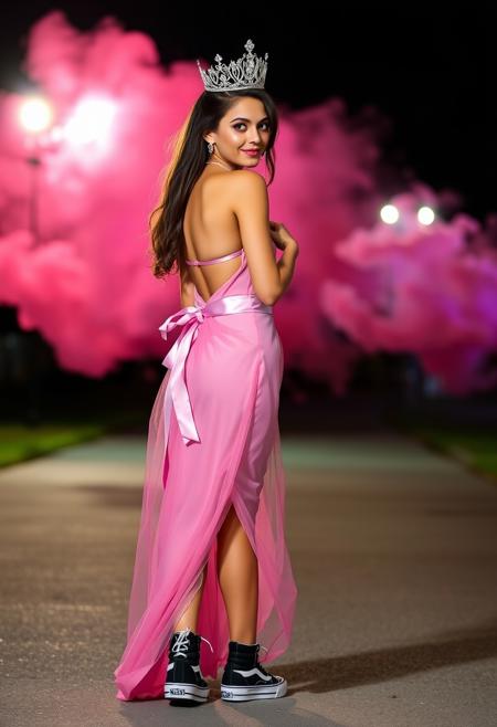 professional photo, detailed photo, full body photo
outside at night, colored mists illuminated by shining headlamps, 18 year old woman prom queen, sexy pose, looking at camera over shoulder, exposed breasts, brightly-lit,  
wearing pink prom dress, princess crown with white diamonds, diamond necklace, (((black-Vans-Old-Skool-high-top-sneakers))), ((((visible full body)))), visible sneakers, (((detailed sneakers))),
perfect anatomy, perfect legs, perfect arms, perfect face