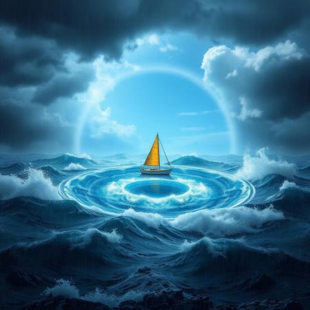 imagine the most unchained cyclone storm at sea, heavy rain, high winds, black stormy clouds and dark broken sea waters with scary waves and splashes. In the middle of all this chaos, a circular patch of beautiful calm water with a fancy colorful small sail boat under a circle of blue sky, as if the boat was protected by a loving god, enveloping the little boat with a protective force field and warm sunny light.