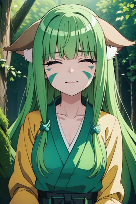 face lighting,bright backlight,super high resolution,best quality,Photos,4k,huyao,1girl,
(animal ears:0.9),green hair,long hair,close the eyes,<lora:huyao_40:0.9>,facial markings,nature,solo,forest,green hanfu,