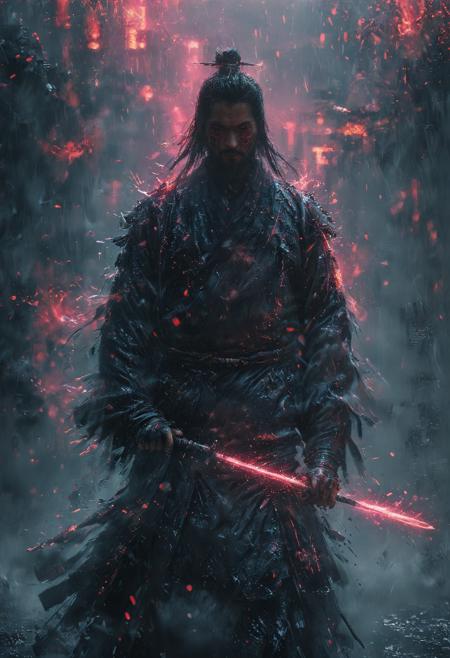 Cybernetic samurai in neon rain, glowing neon lights background, battlestance, long glowing sword, masterpiece, fantasy, digital art, highly detailed, overall detail, atmospheric lighting, Awash in a haze of light leaks reminiscent of film photography,  awesome background, highly detailed styling,  studio photo, intricate details, highly detailed, cinematic,  <lora:MJ52:0.6>,  <lora:glowneon_xl_v1:1> <lora:MO-80-2:0.7> ananmo