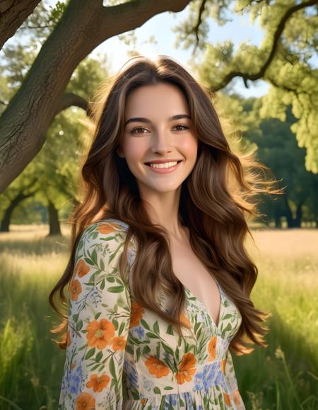 In a tranquil, sun-dappled meadow under the canopy of towering oak trees, the captivating woman N4NCYJMM poses with an enchanting smile, her long brown hair gently blowing in the breeze and framing her expressive brown eyes. She wears a vibrant floral dress that perfectly complements her radiant complexion, standing solo amidst the lush greenery as if inviting the viewer into her serene world from a slightly elevated camera angle. The background details include a picturesque countryside with distant hills and a clear blue sky, creating an idyllic setting for this captivating portrait.