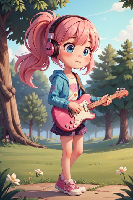 (A small chest:1.3),(masterpiece, best quality:1.4), (beautiful, aesthetic, perfect, delicate, intricate:1.2),(full body:1.2), (best beautiful:1.2), (masterpiece:1.2), (best quality:1.2),1 chibi girl very cute with pink hair and blushed, flower, outdoors, playing guitar, music, holding guitar, jacket, :3, shirt, long pinkhair in one side ponytail, pine trees, pink hair, blush stickers, long sleeves, bangs, headphones, flowers (beautiful detailed face), (beautiful detailed eyes),  <lora:more_details:0.3>, <lyco:GoodHands-beta2:0.8>,