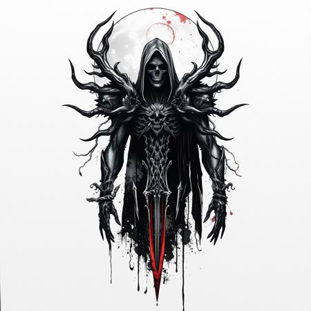 Ink style macabre tattoo design, inspired by artwork of bloodborne, including blood moon, hunter's mark