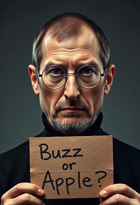 A highly detailed mugshot of a man resembling Steve Jobs, shown from the shoulders up. The man has a sad, contemplative expression with slightly downturned eyes and a subtle frown. The lighting is well-done, illuminating his face clearly without harsh shadows. The background is plain, and he is holding a piece of cardboard in front of him that reads 'Buzz or Apple?'. The image should be realistic and capture a somber mood, with attention to the texture of his skin, his iconic round glasses, and the simplicity of his black turtleneck shirt