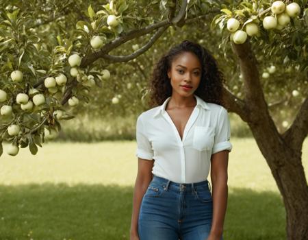 cinematic still score_9, score_8_up, score_7_up, score_9, score_8_up, score_7_up, score_6_up, 1girl, solo, best quality, highres, masterpiece, Beautiful black woman, LaLique, wearing blue jeans and a white shirt. She is standing under an apple tree in an orchard, realistic, photoreal 4K, 8K, exquisite details . emotional, harmonious, vignette, 4k epic detailed, shot on kodak, 35mm photo, sharp focus, high budget, cinemascope, moody, epic, gorgeous, film grain, grainy, score_9, score_8_up, score_7_up, score_9, score_8_up, score_7_up, score_6_up, 1girl, solo, best quality, highres, masterpiece, Beautiful black woman, LaLique, wearing blue jeans and a white shirt. She is standing under an apple tree in an orchard, realistic, photoreal 4K, 8K, exquisite details, highly detailed, very intricate, beautiful, delicate, sharp focus, professional fine cinematic composition, elegant, unique, attractive, cute, great light, ambient background, full bright colors, perfect balance, clear artistic, positive real, aesthetic, glowing, holy, pure, rational, loving, amazing