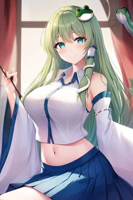 masterpiece, best quality, highres, solo, {kochiya_sanae_touhou:1.10}, green_hair, long_hair, hair_ornament, frog_hair_ornament, snake_hair_ornament, hair_tubes, breasts, blush, bangs, smile, green_eyes, large_breasts, blue_eyes, 1girl, detached_sleeves, shirt, blue_skirt, skirt, white_shirt, looking_at_viewer, wide_sleeves, nontraditional_miko, bare_shoulders, navel, collared_shirt, closed_mouth