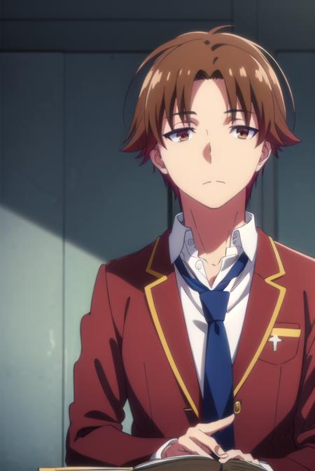 kiyotakaayanokouji, <lora:kiyotaka ayanokouji s2-lora-nochekaiser:1>,
kiyotaka ayanokouji, brown hair, (brown eyes:1.5), male focus, (parted bangs:1.5), short hair,
BREAK school uniform, jacket, necktie, blazer, blue necktie, shirt, white shirt, collared shirt, (red blazer:1.5),
BREAK indoors, classroom,
BREAK looking at viewer, (cowboy shot:1.5),
BREAK <lyco:GoodHands-beta2:1>, (masterpiece:1.2), best quality, high resolution, unity 8k wallpaper, (illustration:0.8), (beautiful detailed eyes:1.6), extremely detailed face, perfect lighting, extremely detailed CG, (perfect hands, perfect anatomy),