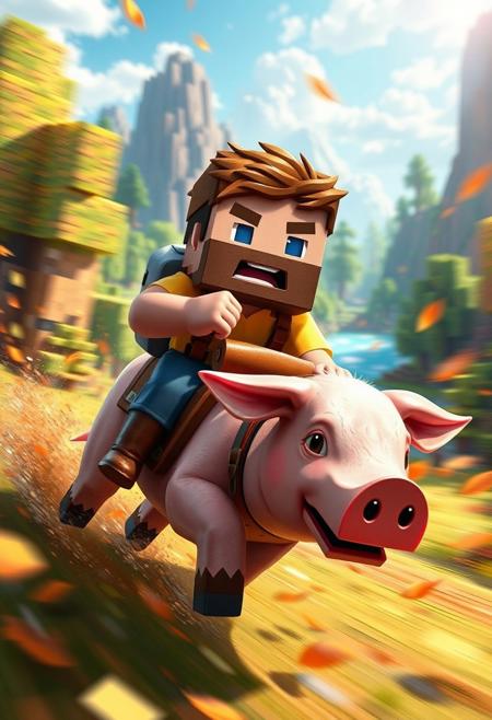 "Illustrate a vibrant, hyper-realistic image of a happy Minecraft villager riding a saddled Minecraft pig at full speed, as if they're racing through the game's blocky world. The villager is depicted in exquisite detail, with intricate textures and expressions that seem to leap off the page. The pig is similarly rendered, with a shiny, pink coat and a flowing mane that streams behind it as it gallops. The villager is dressed in a traditional Minecraft outfit, complete with a bright yellow shirt and a pair of sturdy leather boots. The background is a vibrant, blocky Minecraft world, complete with towering trees, sparkling water, and a bright blue sky. The villager and pig are surrounded by a whirlwind of leaves and debris, as if they're creating a miniature tornado as they speed through the landscape. The overall effect is one of joyful, unchecked excitement, as if the villager and pig are having the time of their lives racing through the Minecraft world." highest-Quality, intricate details, visually stunning, Masterpiece