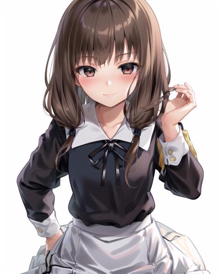 best quality,highly detailed,masterpiece,ultra-detailed,solo,1girl,(white background:1.5),(Delicate eyes),twintails, long_hair,low_twintails, brown_eyes, brown_hair,eyebrows_visible_through_hair, shuuchiin_academy_uniform,  bangs, long_sleeves, ribbon, blush,smile