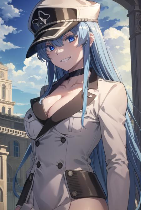 esdeath, <lora:agk esdeath s1-lora-nochekaiser:1>,
esdeath, blue eyes, blue hair, long hair, smile, grin,
BREAK boots, choker, cleavage, collarbone, hat, ice, military, military uniform, peaked cap, thigh boots, thighhighs, uniform,
BREAK outdoors, city, building, sky, sun, clouds, people, crowd,
BREAK looking at viewer, (cowboy shot:1.5),
BREAK <lyco:GoodHands-beta2:1>, (masterpiece:1.2), best quality, high resolution, unity 8k wallpaper, (illustration:0.8), (beautiful detailed eyes:1.6), extremely detailed face, perfect lighting, extremely detailed CG, (perfect hands, perfect anatomy),