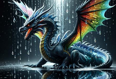 lazypos, highly detailed and hyper realistic, dynamic lighting, play of light, reflection, refraction, Raytracing, giant dreadful astonishing dragon made of swirling teardrops with wings that release spiral gusts of raindrops when flying, tearStyle2