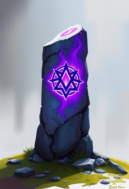 A Menhir, an Erect stone of ancient, roughly cut, magical, with magic glyph in the shape of an open book, glowing strongly of a purple light, environment concept art style, hand painted.