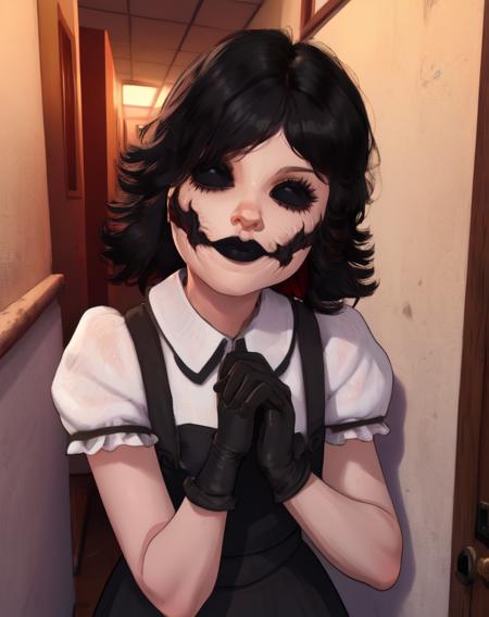 agatha,black hair,black eyes,own hands together,black lips,
puffy sleeves,black dress,white shirt,black gloves,
abandoned school,night,dark corners,
(insanely detailed, beautiful detailed face, masterpiece, beautiful detailed eyes, best quality),<lora:agatha-10:0.8>,