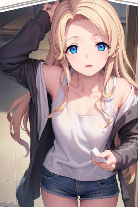 kurisukanan, <lora:kurisukanan-lora-nochekaiser:1>,
kurisu kanan, long hair, forehead, blue eyes, blonde hair,
BREAK long sleeves, collarbone, jacket, open clothes, shorts, hood, open jacket, short shorts, hood down, hooded jacket,
BREAK indoors,
BREAK looking at viewer, (cowboy shot:1.5),
BREAK <lyco:GoodHands-beta2:1>, (masterpiece:1.2), best quality, high resolution, unity 8k wallpaper, (illustration:0.8), (beautiful detailed eyes:1.6), extremely detailed face, perfect lighting, extremely detailed CG, (perfect hands, perfect anatomy),