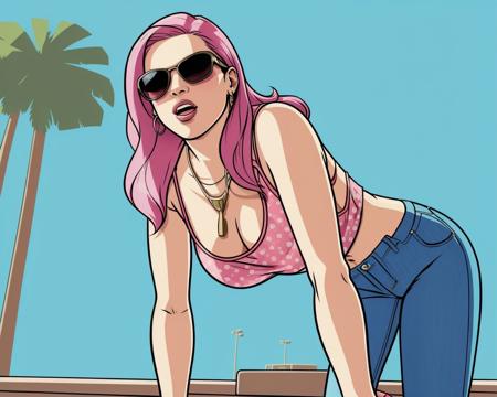 <lora:GTA_Style:0.8> GtaSA2004 cartoon of a woman wearing pink printed top, denim jeans, sunglasses, bending down,