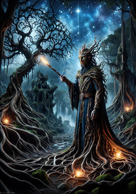 masterpiece, ultra detail, cosmic light, mystical aura, sharp depth, fantasy vibe, dramatic tone
glowing tattoos, black robe, star cloak, long beard, pale skin, celestial marks, orb staff, (bark gloves), blue eyes, (glowing veins), cosmic crown, (bark mask), (root strands), translucent fabric, wood rings, silver belt, narrow face, strong chin, floating roots, long sleeves, moss trim, elegant stance, radiant aura, (bark pauldrons), mysterious glare, elven shape, arcane sigils, slender figure, (wooden feet), stardust marks
casting spell, (raising roots), magic crackling, aura pulsing, stars falling, fingers stretched, robe fluttering, chanting loud, light emanating, (root sphere growing)
floating island, galactic background, (root bridges), glowing horizon, celestial storm, night energy, drifting light, warped trees, arcane ruins, mystic rocks, star mist, enchanted terrain, twinkling field  <lora:tree roots_0_100_V1:1>