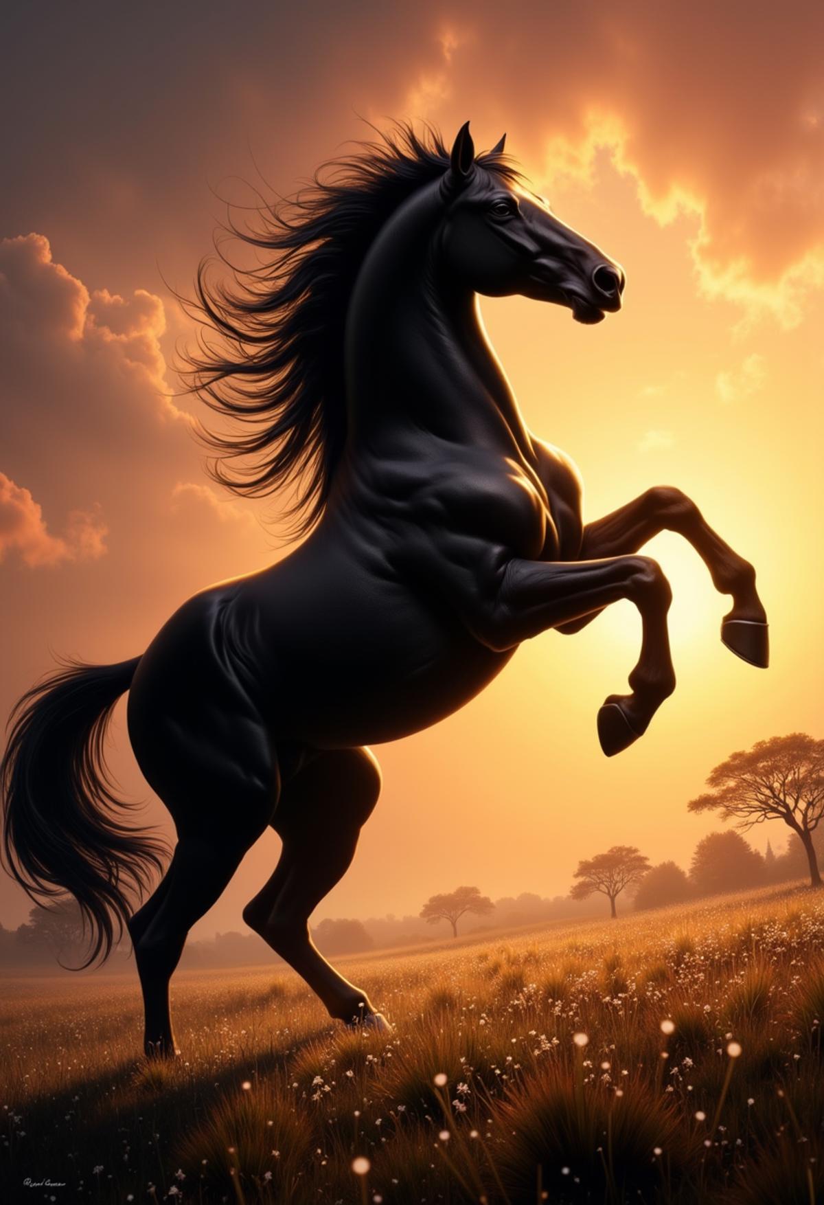 Title: The Majestic Stallion In this powerful scene, a large black horse rears up majestically, its muscular body tense and ready to take flight. The sun dips below the horizon, casting a warm glow upon the proud stallion as it lets out a thundering whinny. The background is a vast, open plain dotted with wildflowers and a lone tree, symbolizing the horse's freedom and untamed spirit. The lighting is dramatic, with harsh shadows emphasizing the horse's defined features and the contrast between its dark coat and the vibrant sky. The overall mood is one of strength, courage, and unbridled passion, evoking a sense of awe and reverence for the majestic creature. Style: Realistic, Epic, Dramatic.,  <lora:FluxDFaeTasticDetails.safetensors:0.8> <lora:glowing_flux.safetensors:0.8>,