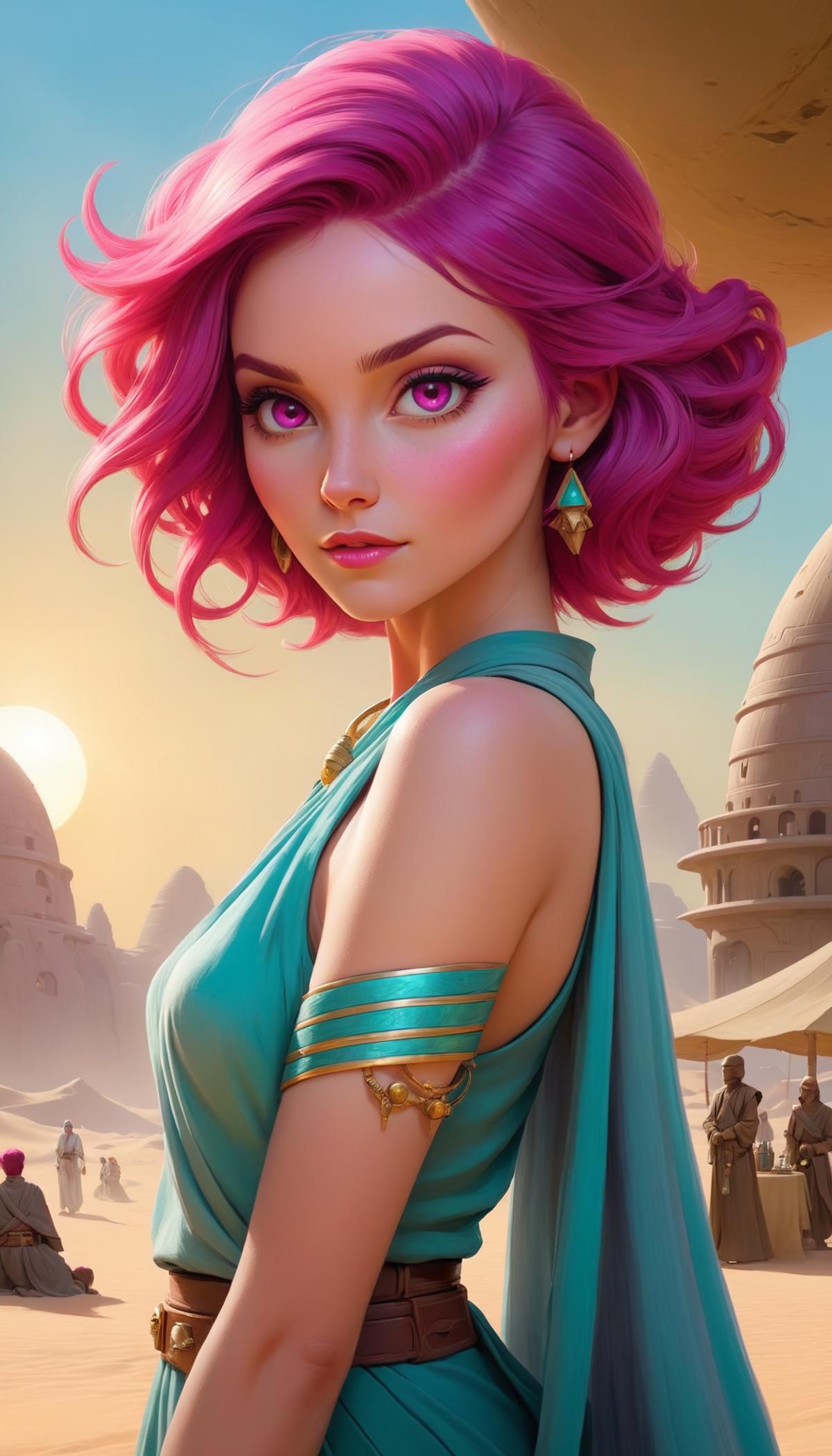 A cartoon woman with pink hair, blue eyes, and a blue dress.