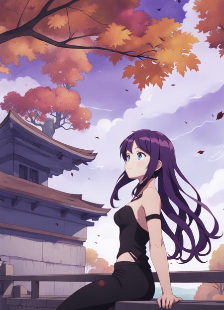 (flat color), 2010s anime screenshot, 1girl, 20 years old, long wavy purple hair, sitting, from side, autumn