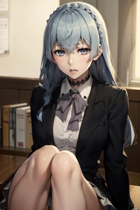 <lora:norikokiznaiver:0.6> norikokiznaiver, solo, 1girl, grey_eyes, braid,  expressionless, looking at viewer, open mouth, long_hair, school uniform, jacket, expressionless, sitting,