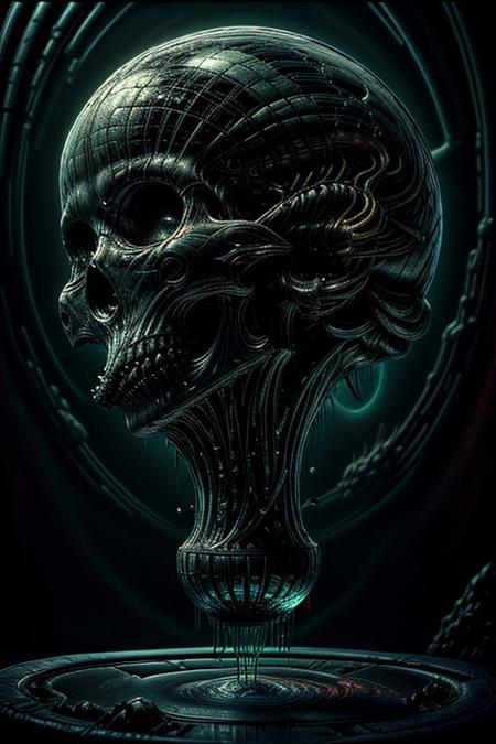 A close-up photorealistic image of a crystallic floating skull facing side view with its mouth open, pouring from it's mouth a shimmering liquid resembling the universe onto the ground, filled with rich stars and swirling galaxies. A simple void background enhances the dark atmosphere, shrouded in fog, capturing the hypnotic flow and shimmer of the cosmic liquid,