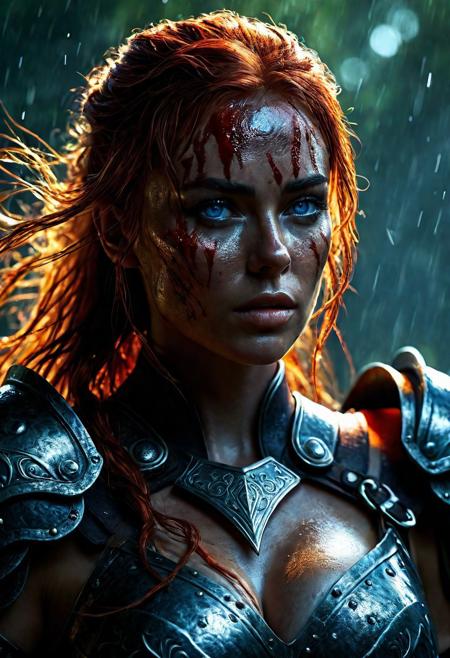 Ultra detailed digital art masterpiece Warrior Viking girl dressed in a iron Armor, Standing on a battlefield at the head of an army of knights, where a bloody slaughter is taking place, standing in battle pose, a dark epic fantasy, perfect lighting, beautiful Sadie Sink as Warrior Viking girl, attractive woman, elegant, beautiful woman of athletic body,  shot of the whole Warrior girl, unreal engine 5 nanite quality, dark fantasy, dark environment, very stormy day, LOTR style, dark washed out eyeliner, no make up, natural bloody pale face, realistic blue eyes, ultra detailed atmospheric details, beautiful glowing effects, sparkle effects, realistic body proportions, beautiful face proportions, complex masterpiece, wavy red hair, creative glowing detailed tattoos, complex physics, enhanced colors, complimentary colors, ultra detailed raytracing reflections, Ultra detailed complex background, environment feels alive, direct eye contact, dramatic lighting, wet and sweaty skin, beautiful firm Breasts, Daylight, Concept art by Greg Rutkowski, adding to the intense and dynamic atmosphere of the scene.